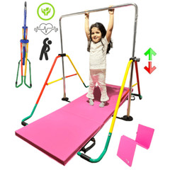 Kids Gymnastics Training Bar 5-in-1 Set + Tumble Mat, Swing Seat, Rings, Horizon