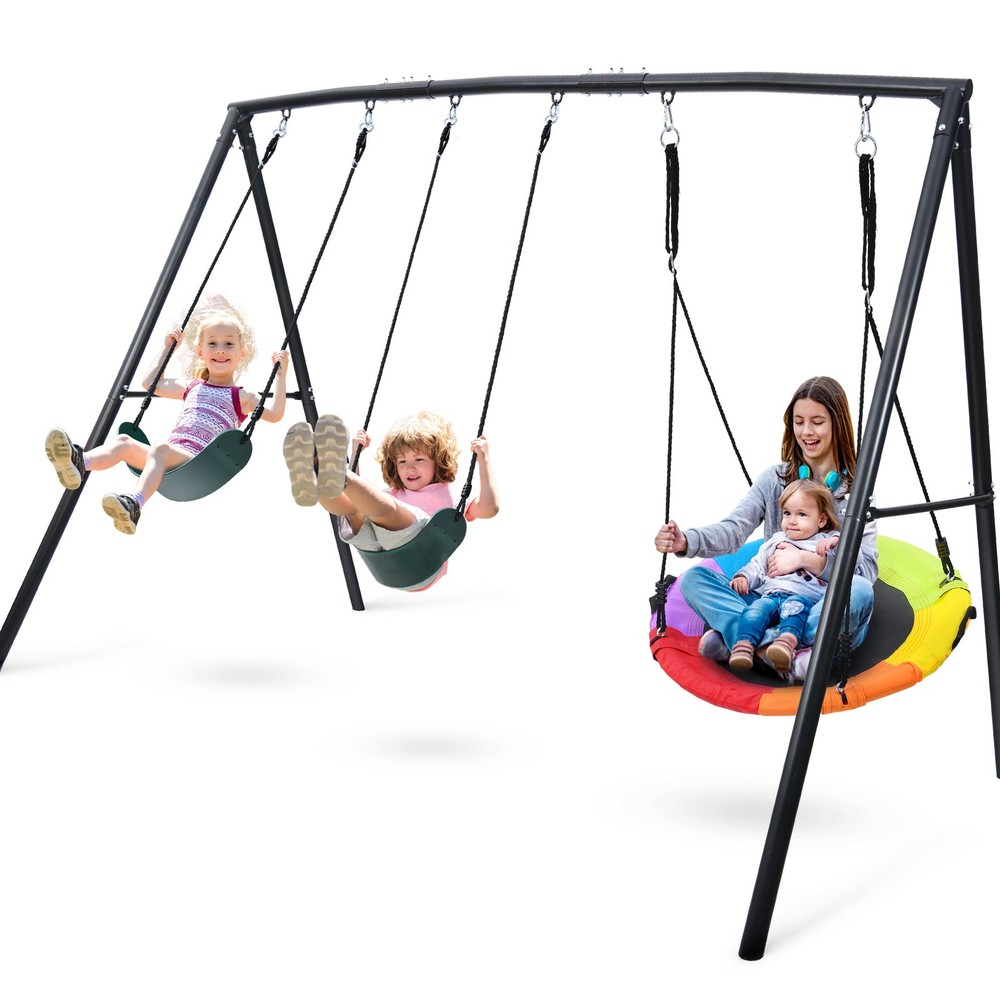 500lb Heavy Duty Swing Set for Backyard with Frame 1 Saucer Swing, 2 Belt Swings