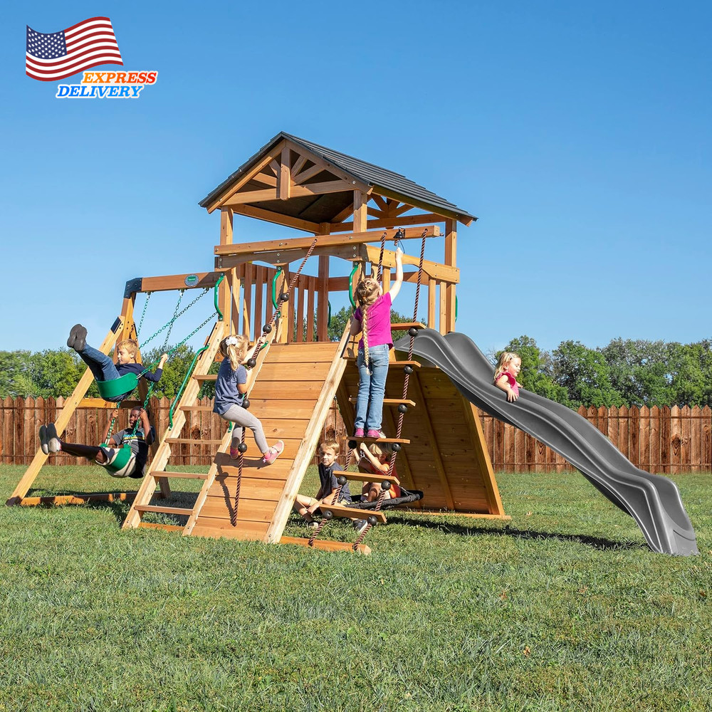Cedar Wood Swing Set with Wave Slide Play Deck Double Rock Wall Rope Ladder NEW