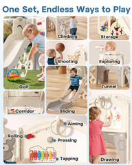 13-in-1 Toddler Slide Set with Basketball, Golf & Drawing Board – Cream & Gray
