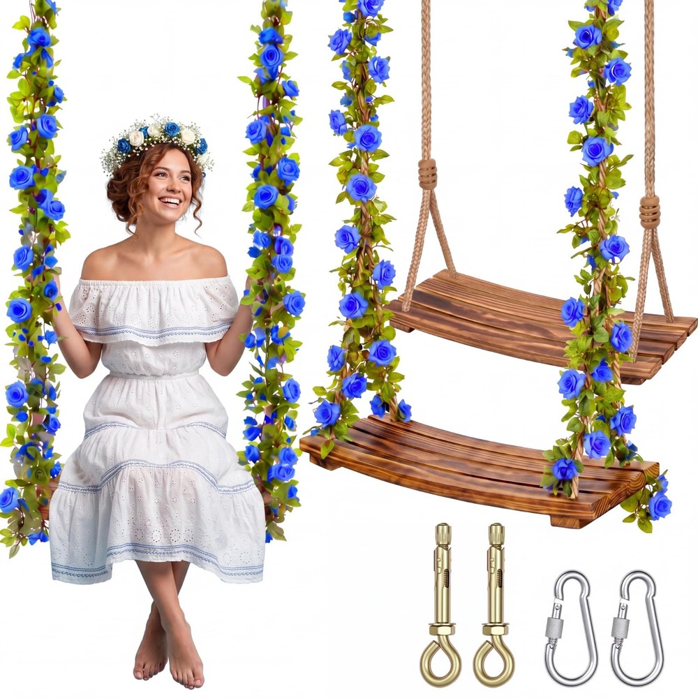 2x Wooden Tree Swings for Adults, 24×10″ Heavy Duty 500lb, Flower Accents