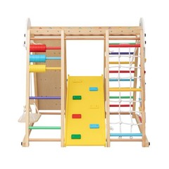9-in-1 Foldable Kids Climbing Frame w/ Slide, Swing & Monkey Bars – Wooden Play