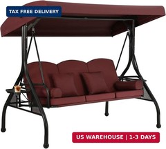 3 Seat Outdoor Porch Swing with Adjustable Canopy,2 in 1 Patio Swing Bed with St