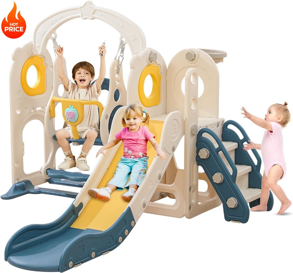 6 in 1 Kid Indoor Playset Freestanding Toddler Slide with Swing Set for 1-3 Blue