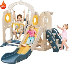 6 in 1 Kid Indoor Playset Freestanding Toddler Slide with Swing Set for 1-3 Blue