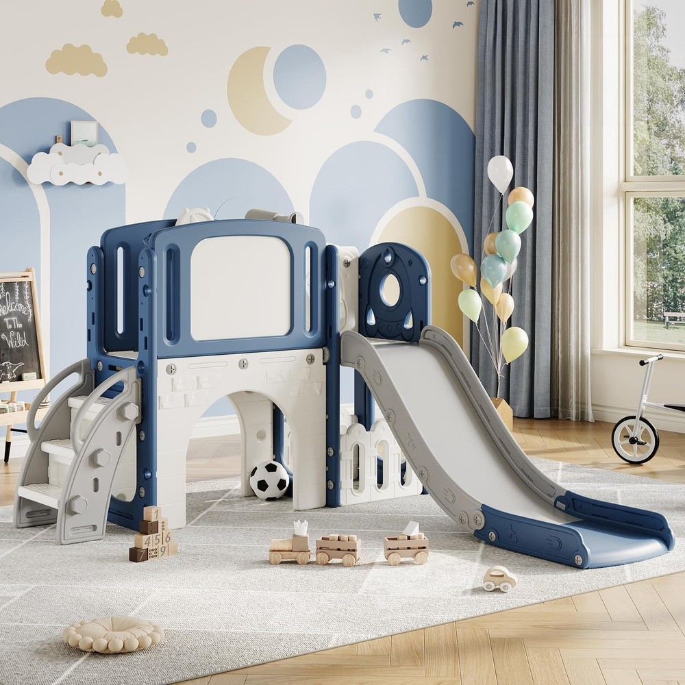 8-in-1 Toddler Slide Indoor & Outdoor Playground Playset for Kids-Includes Cl…