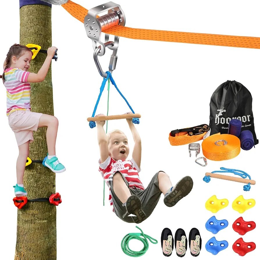 hooroor Slackline Pulley with 52FT Zipline, Tree Climbing Holds, Monkey Bar, …