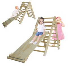 Pikler Triangle Ladder with Ramp & Slide, Foldable Wood Climber for Toddlers