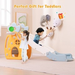 Indoor Foldable Kids Slide with Climber Basketball Hoop & Ball Buffer Zone
