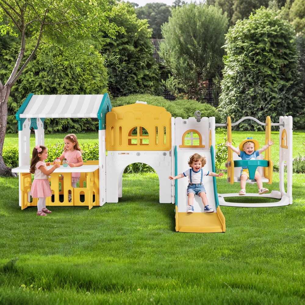 10IN1 Toddler Slide Swing Playset Climber w/ Playhouse Playground Outdoor Indoor