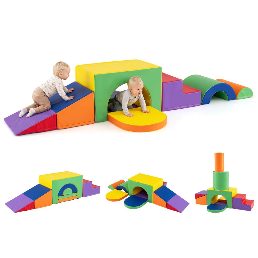 7PCS Soft Foam Climbing Blocks Set w/Slide & Tunnel, Waterproof & Easy to Clean