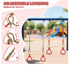 Wooden Trapeze Swing Bar, Adjustable Height Swing Set, Gym Rings, Playground Att