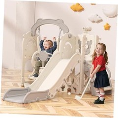 Toddler Slide and Swing Set, 7 in 1 Indoor Outdoor Toddler Playset Cream&gray