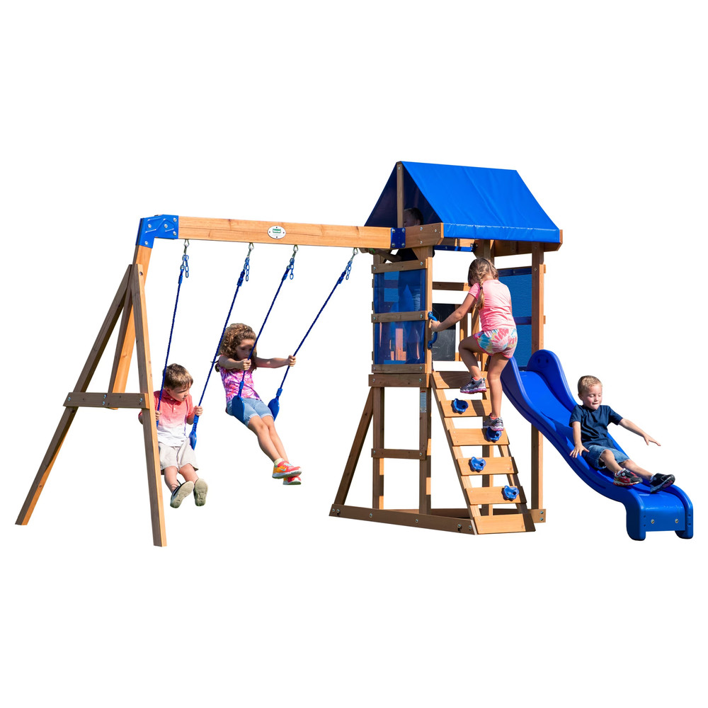 Wooden Swing Set Outdoor Kids Slide Backyard Playground Playset Rock Chalk Wall