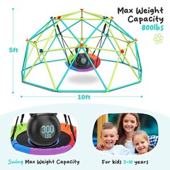 10ft Climbing Dome Swing Set Jungle Gym w/Saucer Swing for Playground Backyard