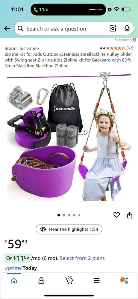 Ripline Zipline Kids With Swing Seat 69ft