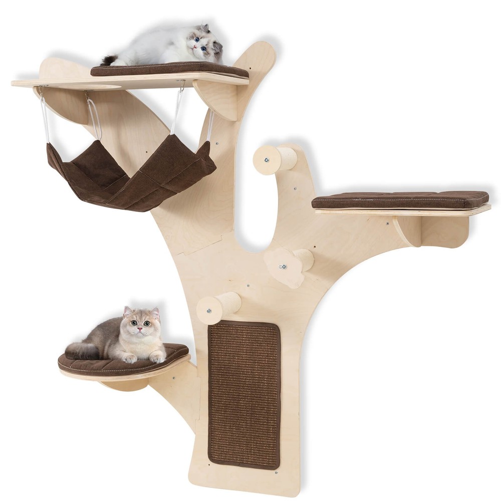 Wall-Mounted Cat Tower w/ Perch Hammock Sisal Scratching Posts & Mat Cushions