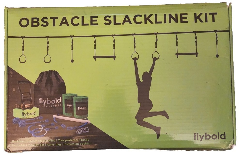 Flybold Obstacle Slackline Kit (40 ft) Ninja Warrior kit w Adjustable Obstacles