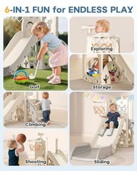 Toddler Slide for Kids, 6 in 1 Indoor Outdoor Toddler Slides Cream&gray