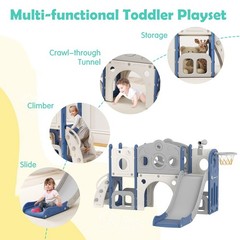 8 in 1 Toddler Slide Set Kids Slide with Basketball Hoop, Playset for Kids Blue