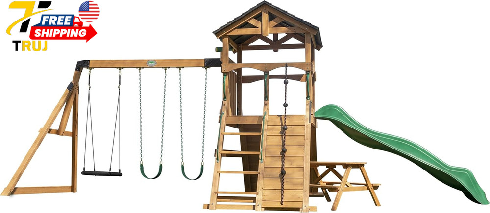 Backyard Discovery Endeavor II Cedar Wood Swing Set with Wave Slide Play Deck