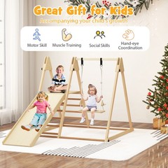 5-in-1 Kids Indoor Playground w/ Slide Climbing Rock Adjustable Swing Wooden