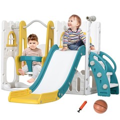 6 in 1 Toddler Slide and Swing Set w/ Basketball Hoop Climber Yellow Refurbished