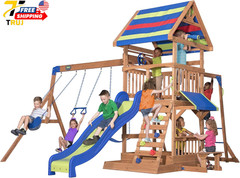 Beach Front Cedar Wood Swing Set with Wave Slide Play Deck Outdoor Playset NEW
