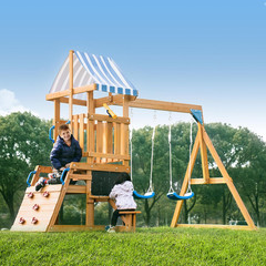 Wooden Swing Set Swings Slide Climbing Rope Ladder for Kids Ages 3-10