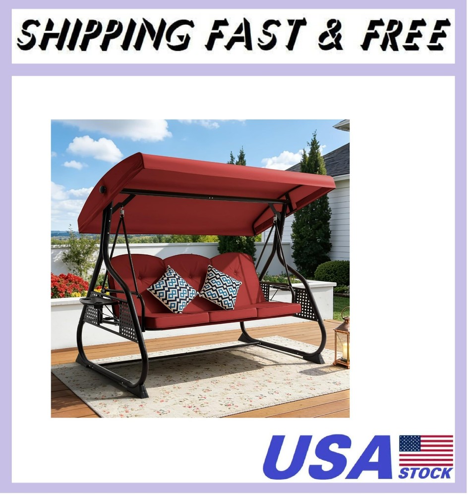 3 Seat Outdoor Porch Patio Swing with Adjustable Canopy& Backrest,Outdoor