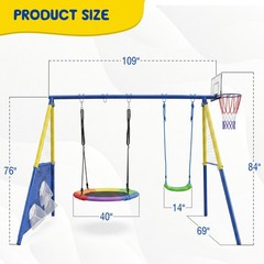 5-in-1 Kids Swing Set with Saucer Swing, Belt Swing, Basketball Hoop for Toddler