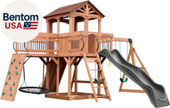 Sterling Point Cedar Wood Swing Set with Wave Slide, Raised Clubhouse, Wooden Br