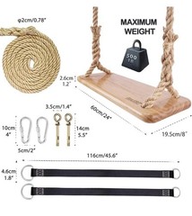 Quality Tree Swing Wooden Seat, adjustable rope, straps 500lbs load, In/OutDoors