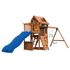 WOODEN SWING-SET PLAYGROUND SET W/ 2 WAVE SLIDES ROCK WALL TIC TAC TOE, CHILDREN