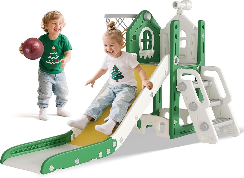 6 in 1 Toddler Slide – L-Shaped Baby Slide for Toddlers Aged 1-3 with Basketb…