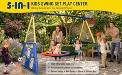5in1 Kids Swing Set with Saucer Swing, Belt Swing, Basketball Hoop & Soccer Goal
