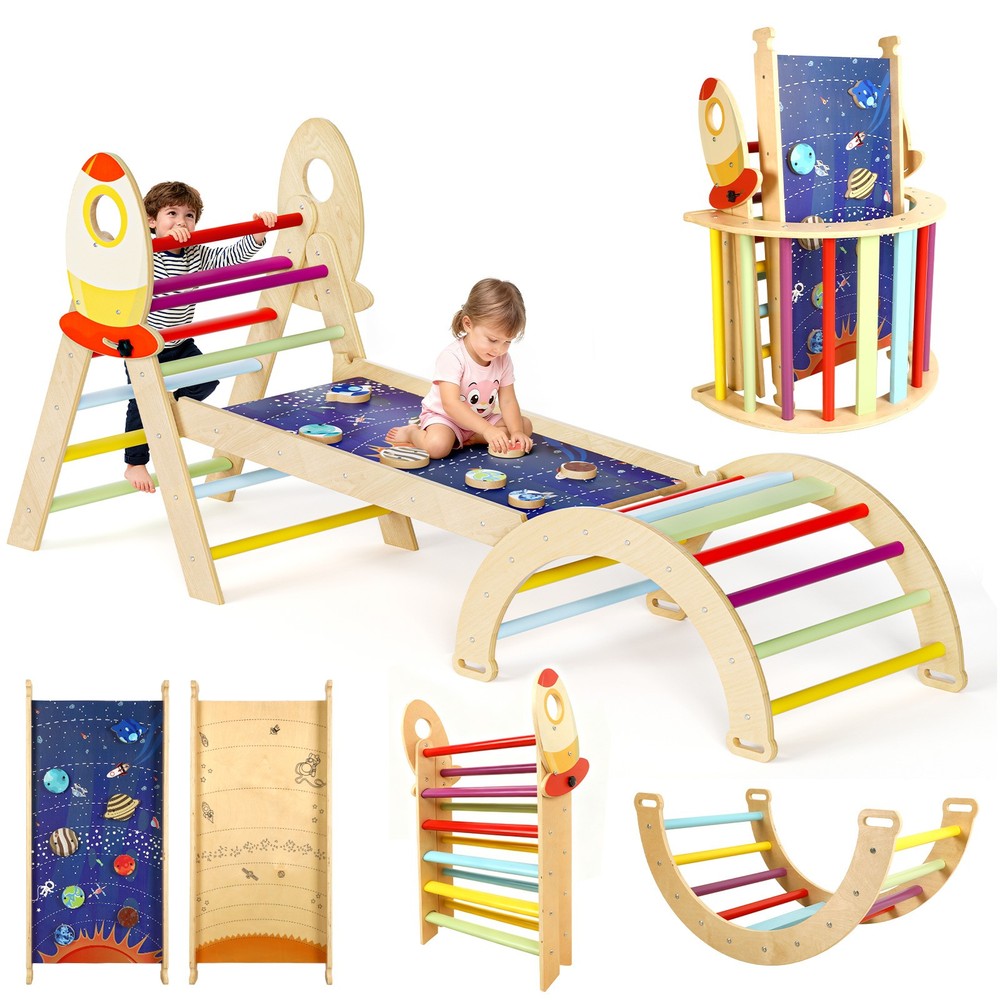 7-In-1 Foldable Baby Climbing Set Wooden Toys With Arch Triangle Pinball Seesaw