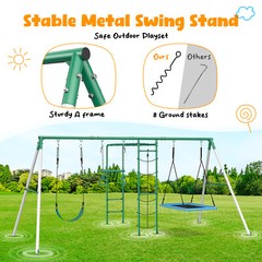 Heavy Duty Metal Swing Set Playground Set for Backyard w/Monkey Bar Climbing Net
