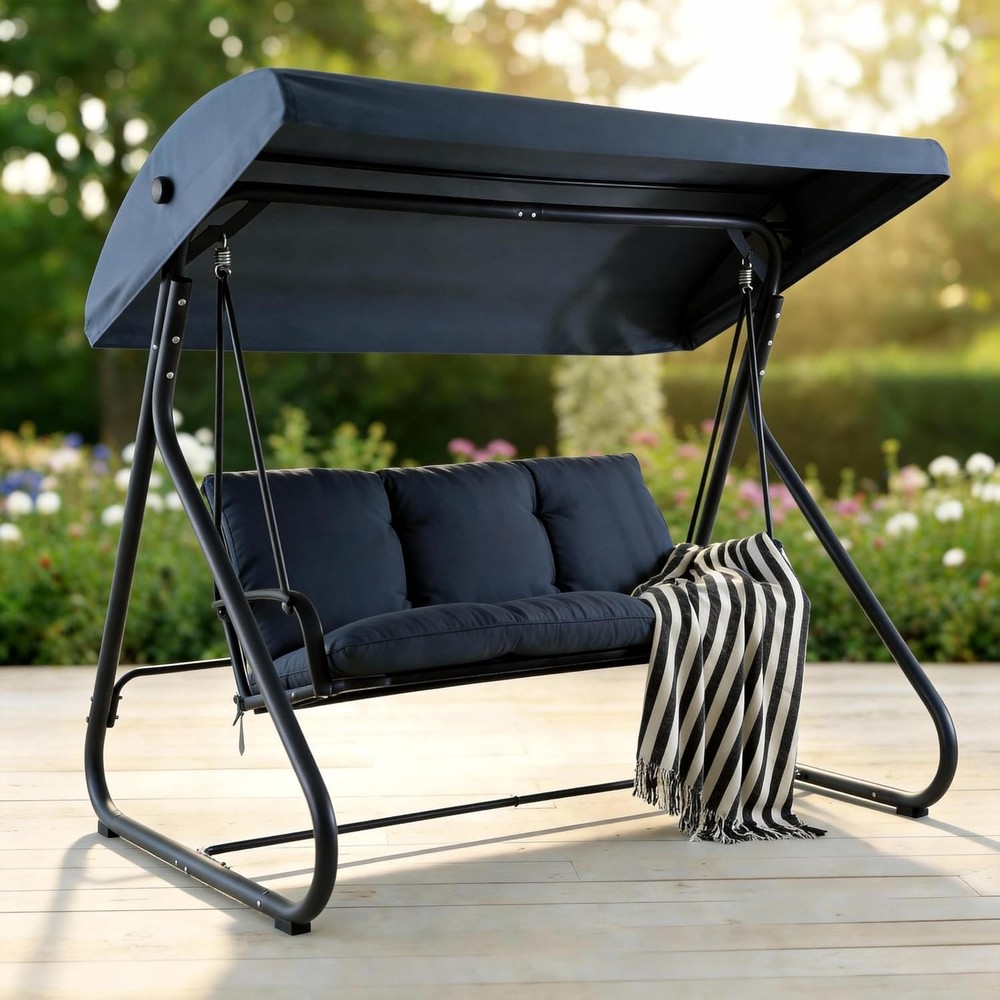 3-Seat Outdoor Swing Glider with Canopy, Converts to Flat Bed, Adjustable Shade