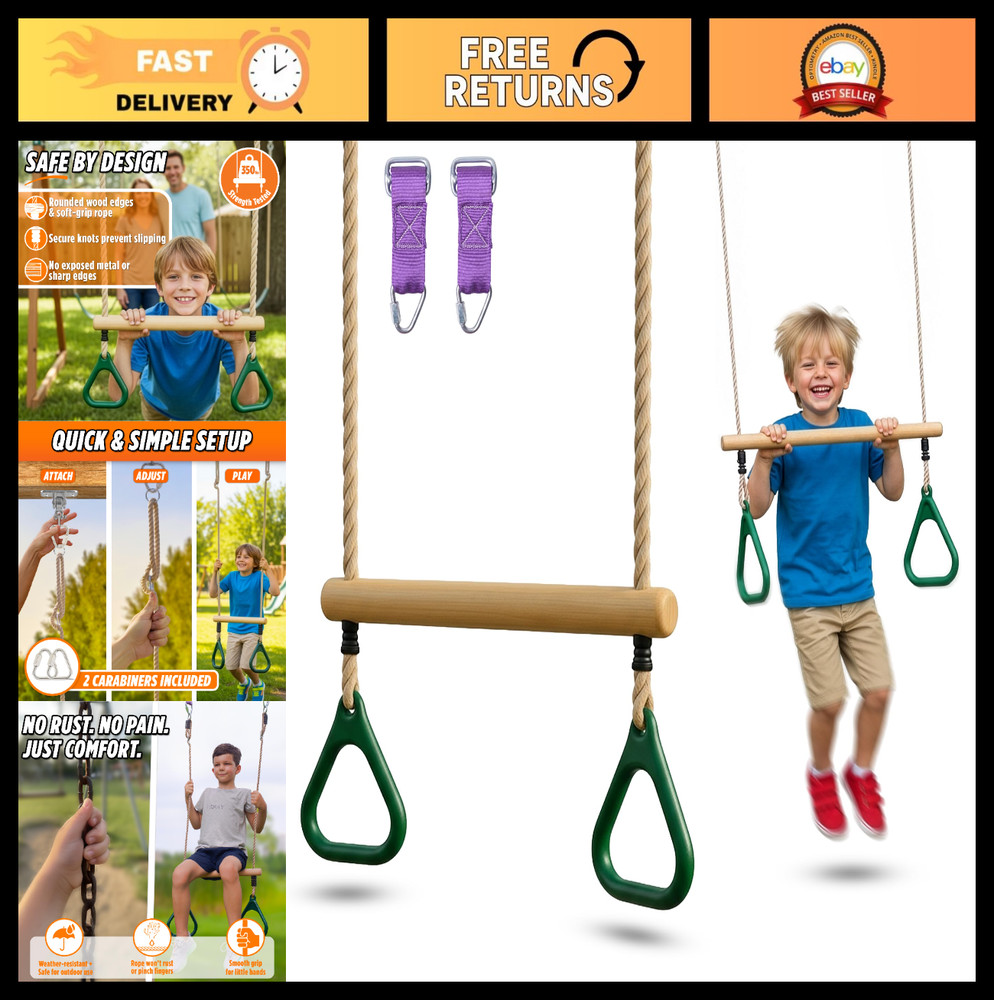 Adjustable Wooden Trapeze Swing Bar for Kids – 18″ Monkey Bars & Rings – Ninja W