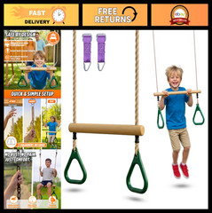 Adjustable Wooden Trapeze Swing Bar for Kids – 18″ Monkey Bars & Rings – Ninja W
