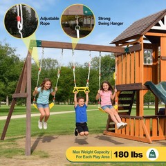 Kids Large Wooden Swing Slide Set Playhouse Kitchen,Rock Wall Playground Outdoor