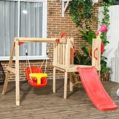 4 in 1 Wooden Swing Set with Swing Slide Horn Steering Wheel
