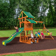 Backyard Discovery Cedar Wooden Swing Set Kids Outdoor 8 Ft Slide Playground Fun