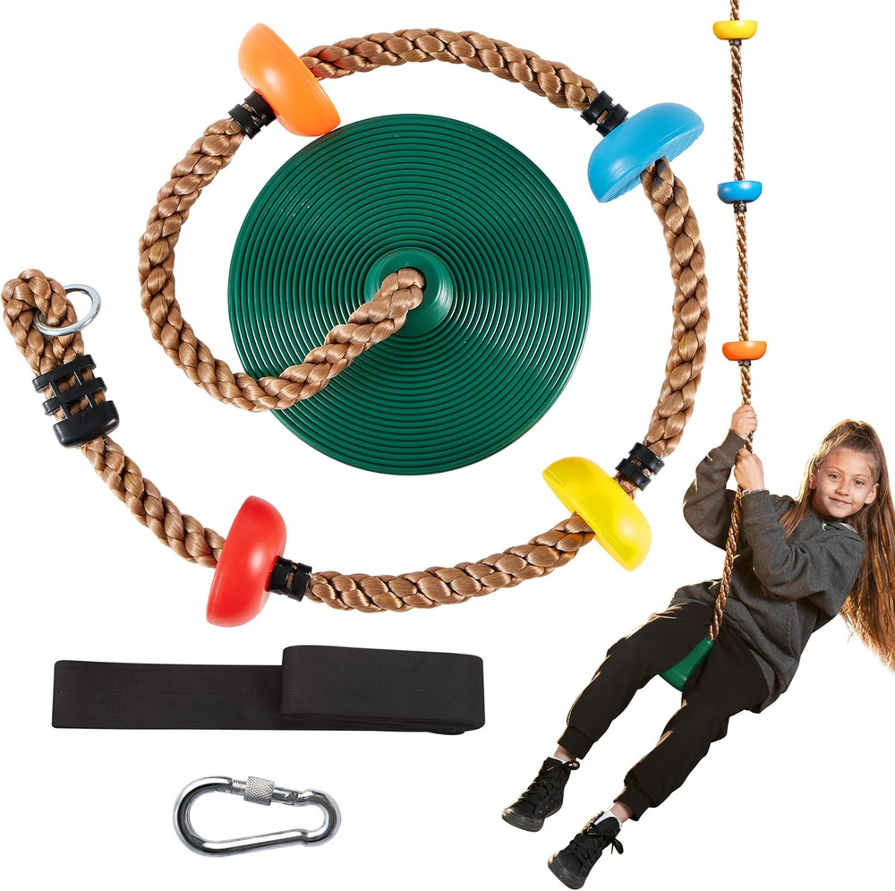 Tree Swing for Kids – Single Disc Seat and Climbing Rope Set W/Carabiner & 4 Ft