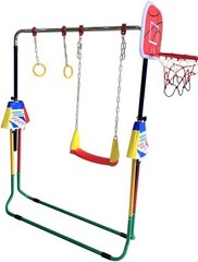 4-in-1 Kids Jungle Gym: Monkey Bar, Swing Set, Trapeze Rings, Basketball Net