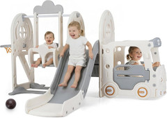Toddler Slide and Swing Set, 5 in 1 Bus Themed Baby Slide with Climber Basketbal