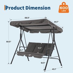 3-Person Outdoor Patio Swing with Adjustable Canopy, Breathable Fabric, 600 lbs