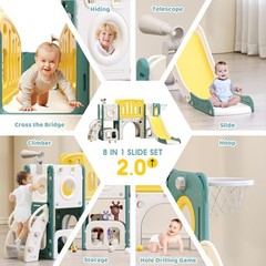 8-in-1 Toddler Climber and Slide Playset with Basketball Hoop – Green