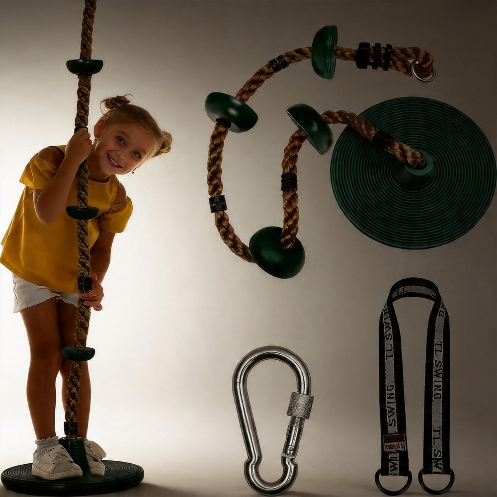 DECORLIFE Tree Swing for Kids Climbing Rope Disc Swing w/ Platforms, Green